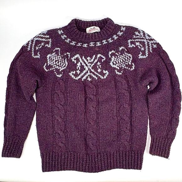 VTG Danspin Wool Fair Aisle Cable Sweater Handknit MED LG Chunky Knit Grandma - Picture 1 of 10